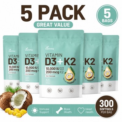 5 Pack VivoNu Vitamin D3 10000 IU + K2 MK-7 200mcg Softgels 300 Ct Coconut Oil