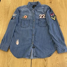 Rails Womens Patch Carter Chambray Denim Shirt Size L Button Front Long Slv