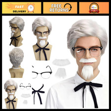 4Pcs Fake White Beard  Mustache, Short Black Bow Tie, Grey Wig, Vintage Glasses