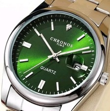 Elegante Herren Quarz Uhr von Chronos 40mm Silber Grün Edelstahl Wasserdicht