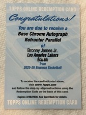 2025-26 Bowman Basketball Bronny James Jr Auto Refractor *Redemption* Lakers