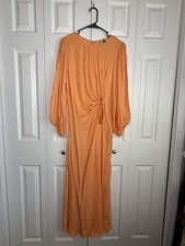 Farm Rio Dress Papaya Front Circle Cut-out Midi Pleated Jewel Neck Drawstring L
