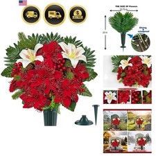 Artificial Cemetery Flowers, Red  White Poinsettia Christmas Bouquet
