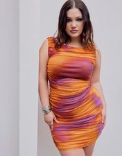 MESH BOAT NECK TIE DYE RUCHED MINI DRESS CURVE & PLUS Size 1XL