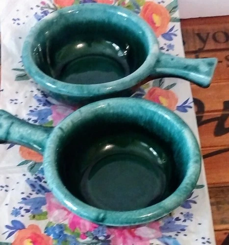 Hull USA Pottery Green Drip Soup Chili Bowls with Handles Oven Proof Set of 2