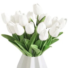 White Artificial Tulips 13.5-inch, 20 PCS PU Faux Flowers for Home, Wedding