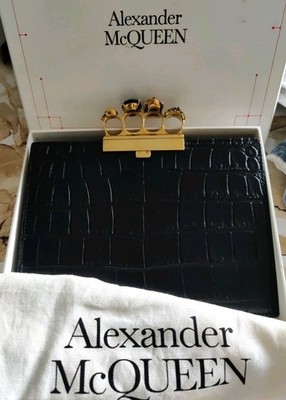 ALEXANDER MCQUEEN Swarovski Crystal Croc Embossed Leather Knuckle Flat Pouch 