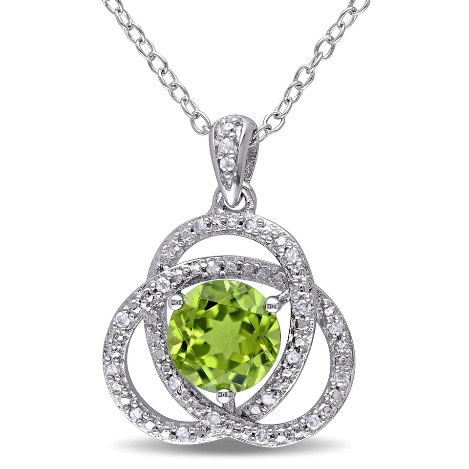Amour Sterling Silver 1/10CT TW Diamond and Peridot Trillium Pendant with Chain