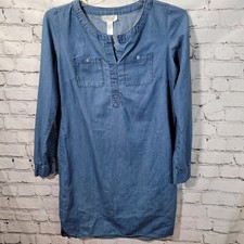 Just Be Chambray Shift Dress Womens Small Blue Excellent Long Sleeve Cotton