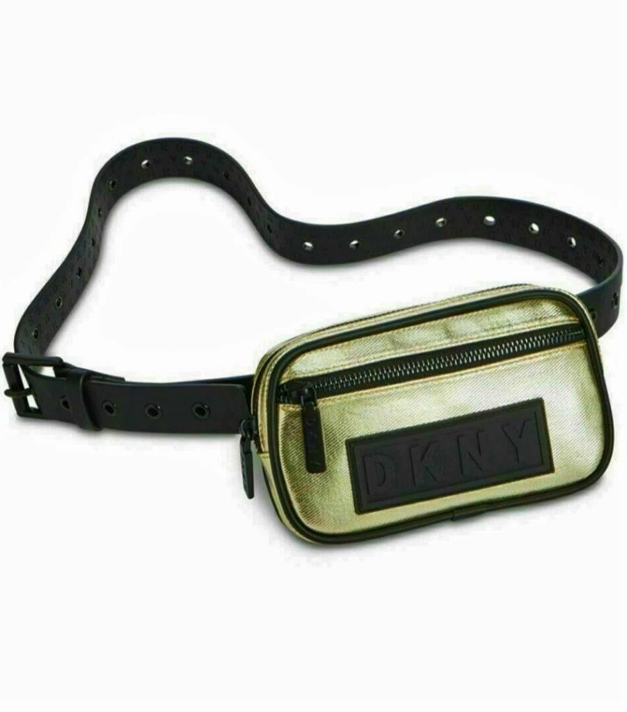 DKNY DONNA KARAN Metallic Gold, Black 100% LEATHER LOGO Fanny Pack, Belt  Bag XL