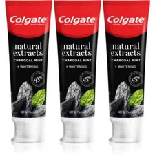 3 COLGATE NATURAL EXTRACTS CHARCOAL & MINT Daily Whitening Toothpaste Tubes 75ml