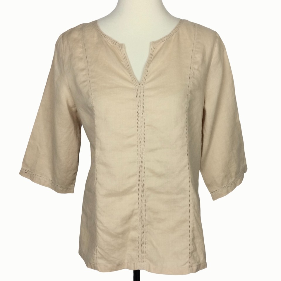 Jennifer Eden Womens Top Pants Set 10 Cropped Beige Woven Ramie Eyelet