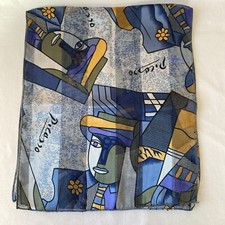 Long Blue  Gold Picasso Print Scarf, Semi Sheer, 12 x 60  