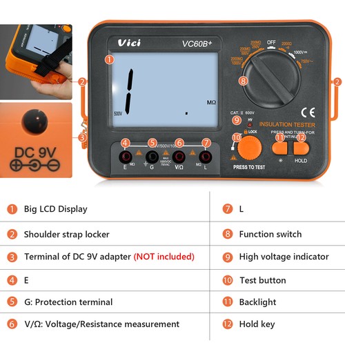 VC60B+ Digital Insulation Resistance Tester Megger MegOhm Meter 250/500/1000V - Bild 3 von 10
