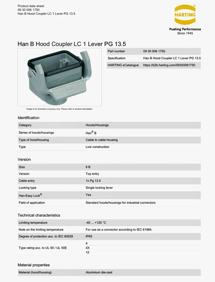 HARTING PN: 09300061750 6B Han B Hood Coupler LC 1 Lever PG 13.5 - Image 2 of 3