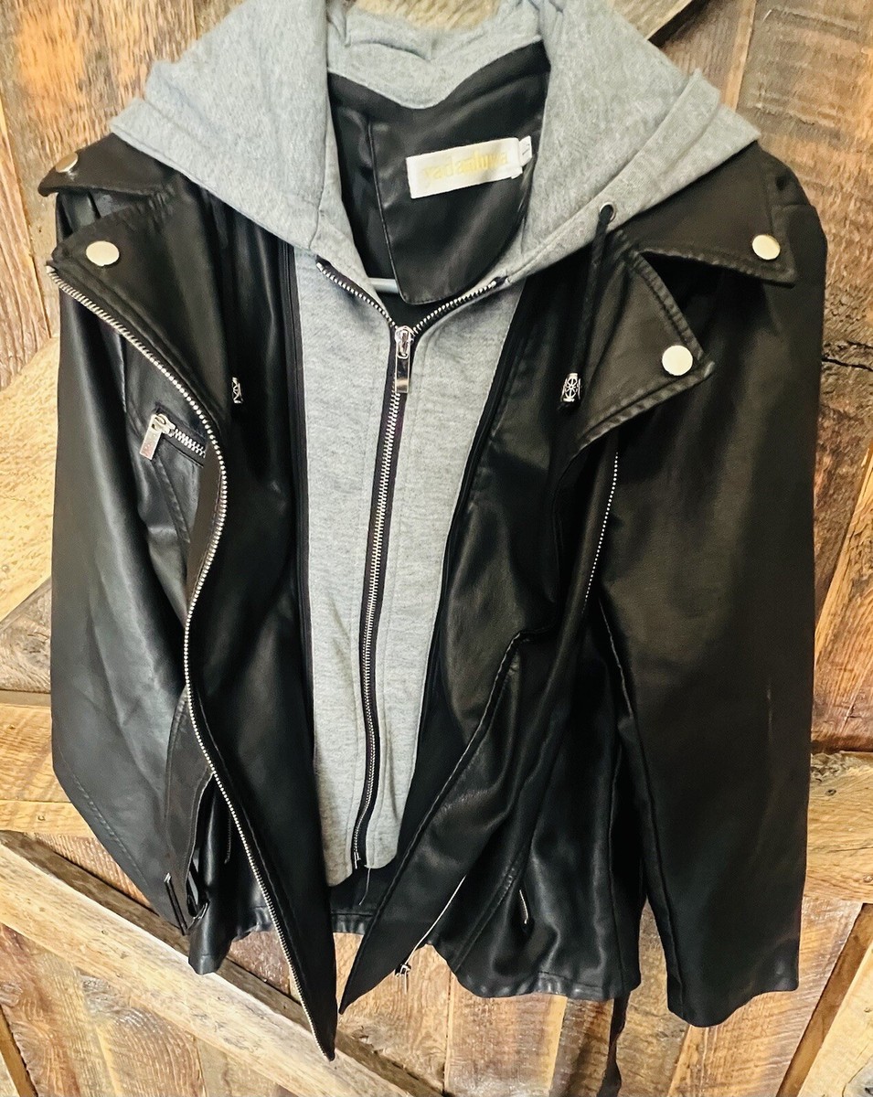 Yadanluwa Women's Faux Leather black Moto Biker Hoodie Coat Size L