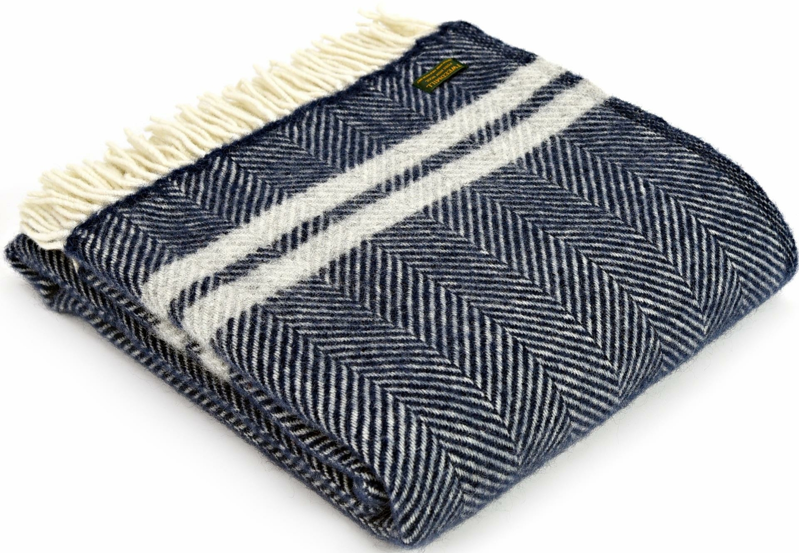 TWEEDMILL TEXTILES KNEE RUG Wool Sofa Throw Blanket FISHBONE NAVY SILVER STRIPE