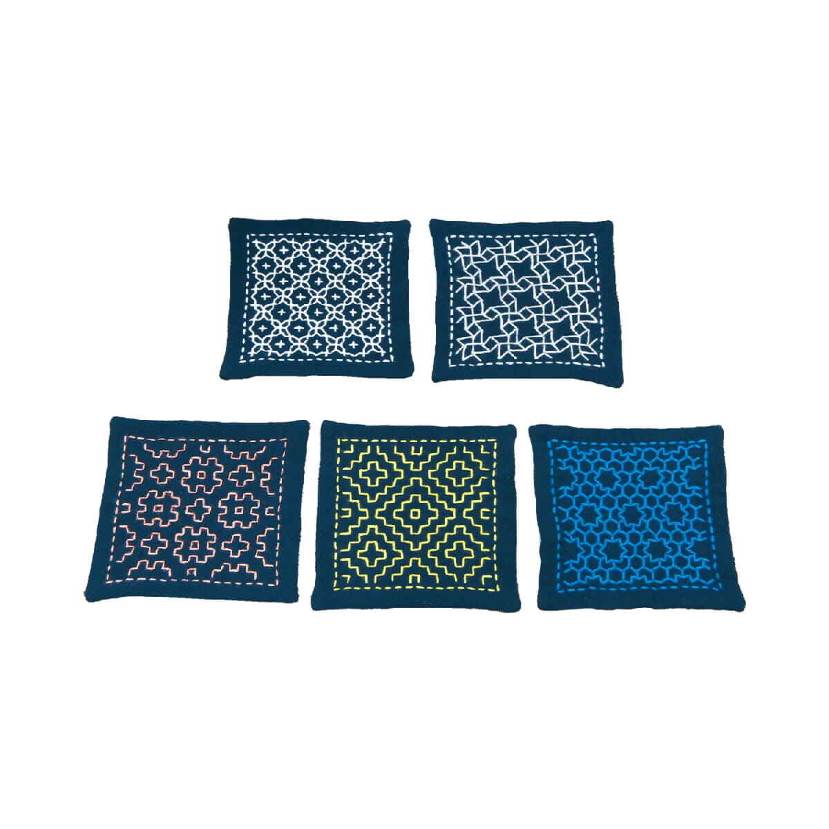 Olympus stamped Hitomezashi Sashiko stitch kit ""Coasters navy 5pcs"", 10x10cm, Or