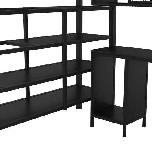 Metal Loft Bed with Desk Wardrobe & Storage Cabinet Shelves Full Size Bed Frames