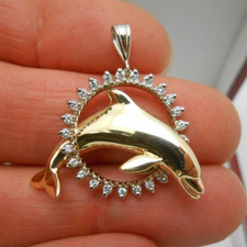 Gorgeous 2 Ct Natural Moissanite Dolphin Pendant in Two Tone Gold Plated Silver