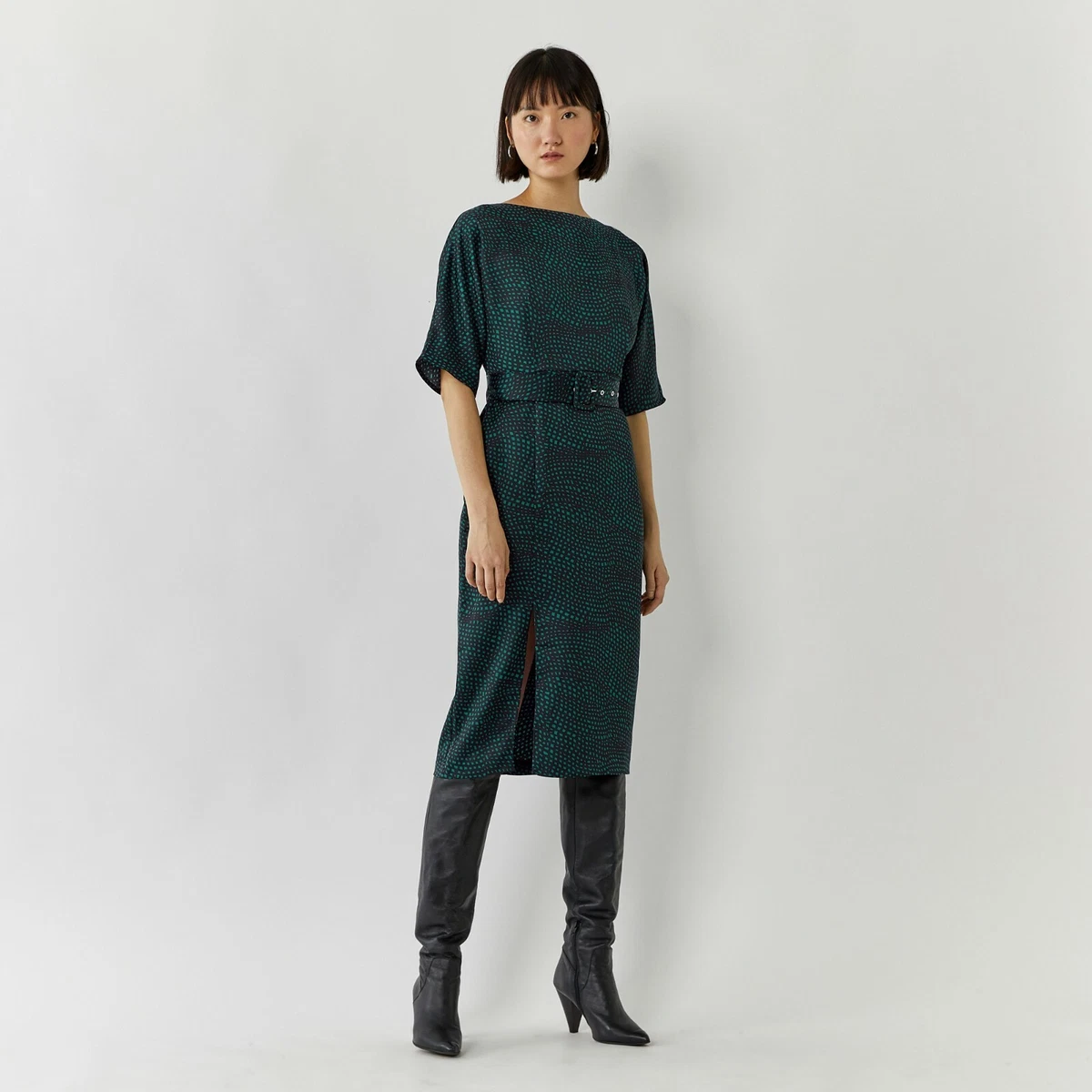 NEW Warehouse Black Green Animal Tile Print Belted Midi Pencil Dress Size 10 38