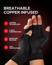 Arthritis Gloves (1 Pair), Copper Infused Fingerless Compression Gloves for W...