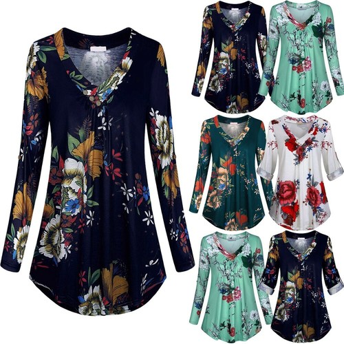 Übergröße Damen Langarm Bluse Blumendruck V-Ausschnitt Knopf Pullover Oberteil Shirt