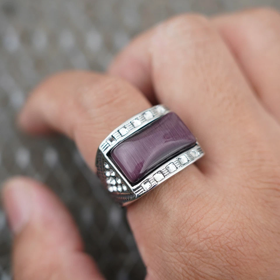 Anillo de piedra de ojo de gato púrpura creado en laboratorio de acero inoxidable MENDEL para hombre talla 7 8 9-15 Foto 4 de 4