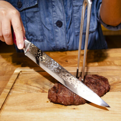 FORGED IN FIRE Stainless Steel 8'' Carving Knife 7'' Fork 2 Pc Set History Channel