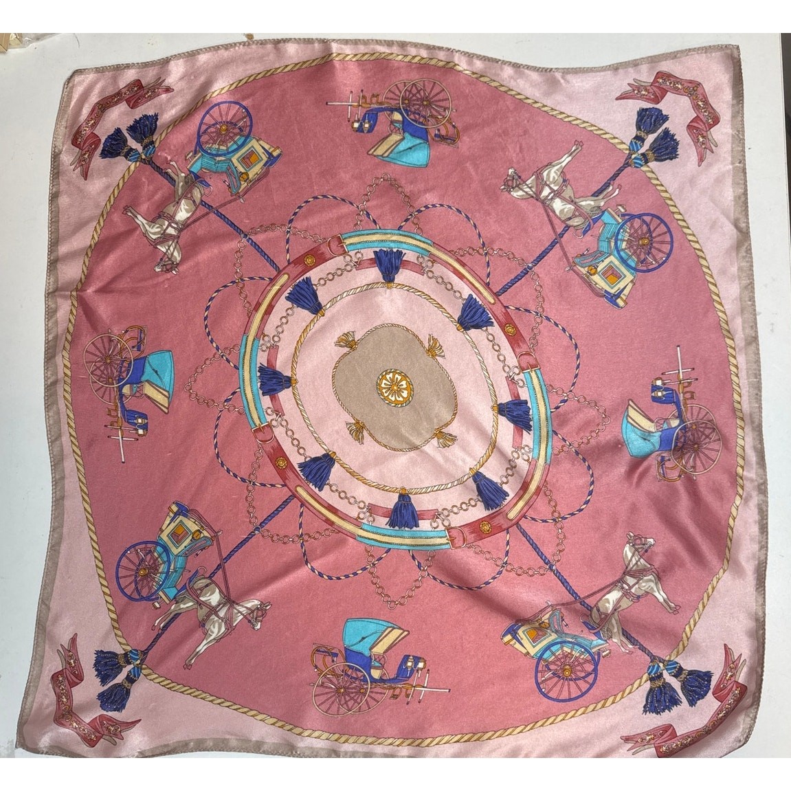 100% Silk Pink Small Square Neck Scarf Horse Carriage Dainty Delicate Classic