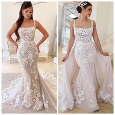 Lace Mermaid Wedding Dresses Detachable Train Square Neck sleeveless Bridal Gown