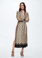 MANGO Geometric Print Midi Shirt Dress Size M Belted Satin Side Slit Holiday MNG