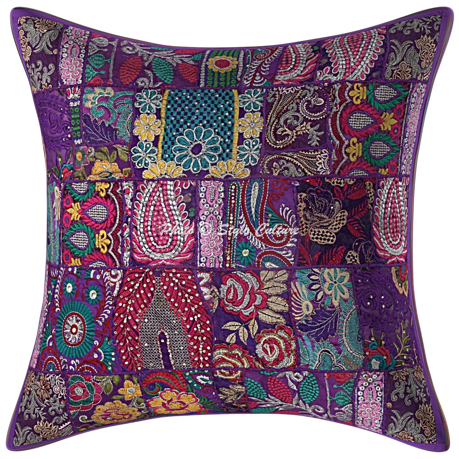 Ethnic Cotton Throw Pillow Cover Vintage Patchwork Purple Abstract Home Decor