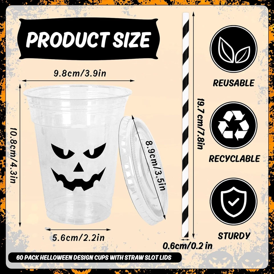 Juego de tazas desechables de Halloween con tapas y pajitas 12 oz - 60 piezas Jack-O-Lantern Foto 2 de 4