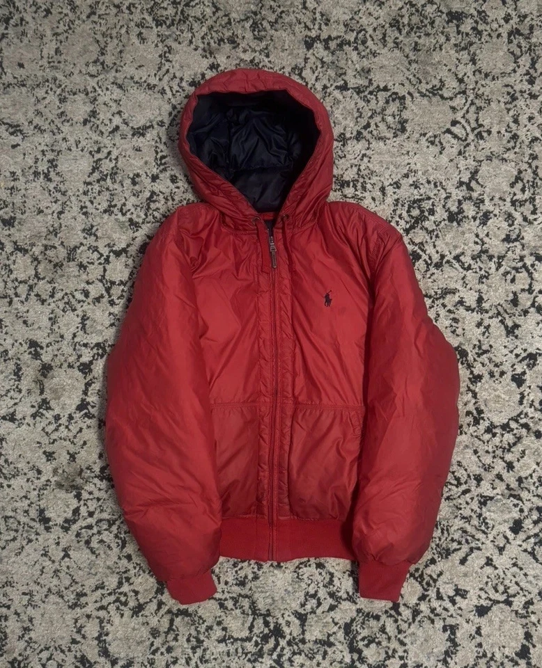 POLO By Ralph Lauren 羽绒夹克男式尺寸:M 全拉链连帽红色厚 Y2K — 第 3/4 张图片