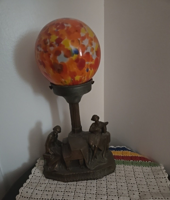 Vintage Style Table Lamp w/ Multicolor Speckled Glass Globe Shade, Metal Base