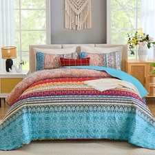 Bohemian Quilt Set Queen Size, Boho Striped Pattern Queen 96"x90" Blue Red