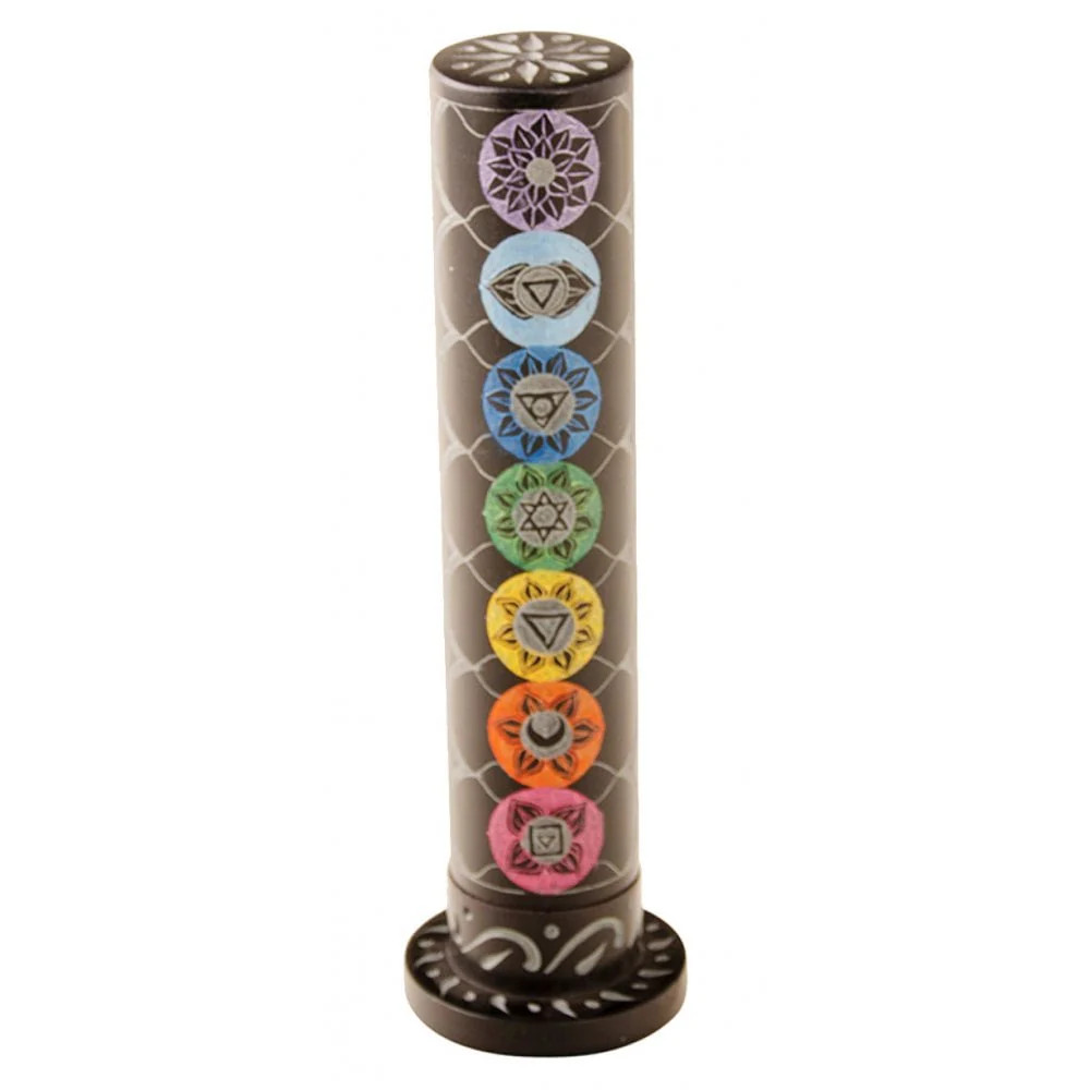 Chakra Painted Tower Incense Stick Burner – Black Soapstone (27cm)