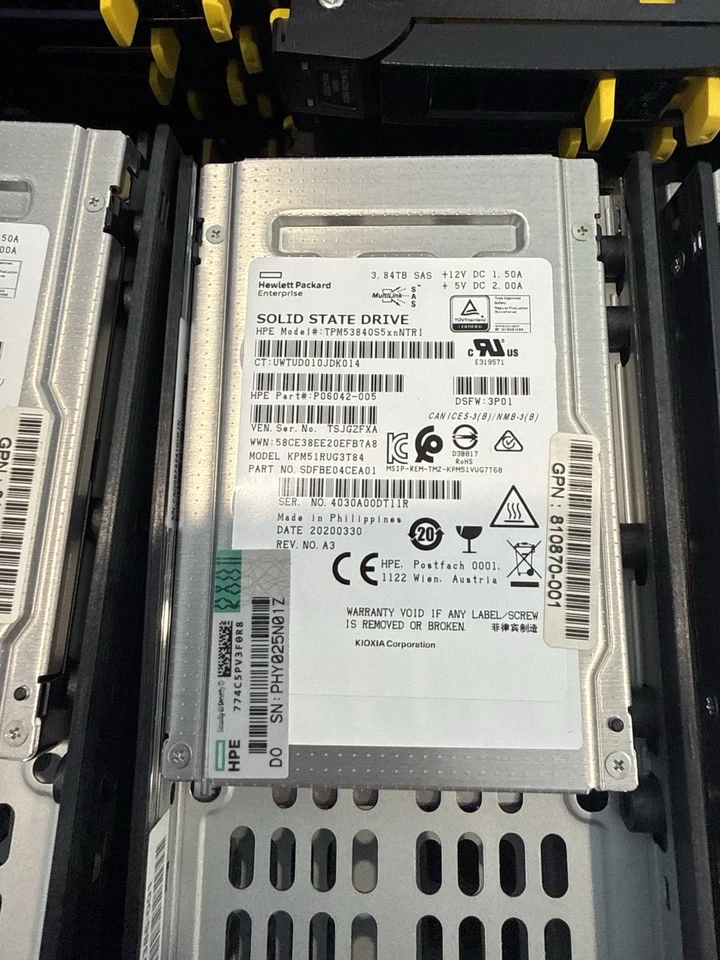 K2P91B P14220-001 HPE 3PAR 3.84TB SSD KIOXIA KPM51RUG3T84 Health 82-84 % - Image 1 of 4