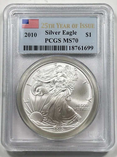 2010 $1 American Silver Eagle PCGS MS70 25th Year of Issue 1 oz .999 Fine Coin