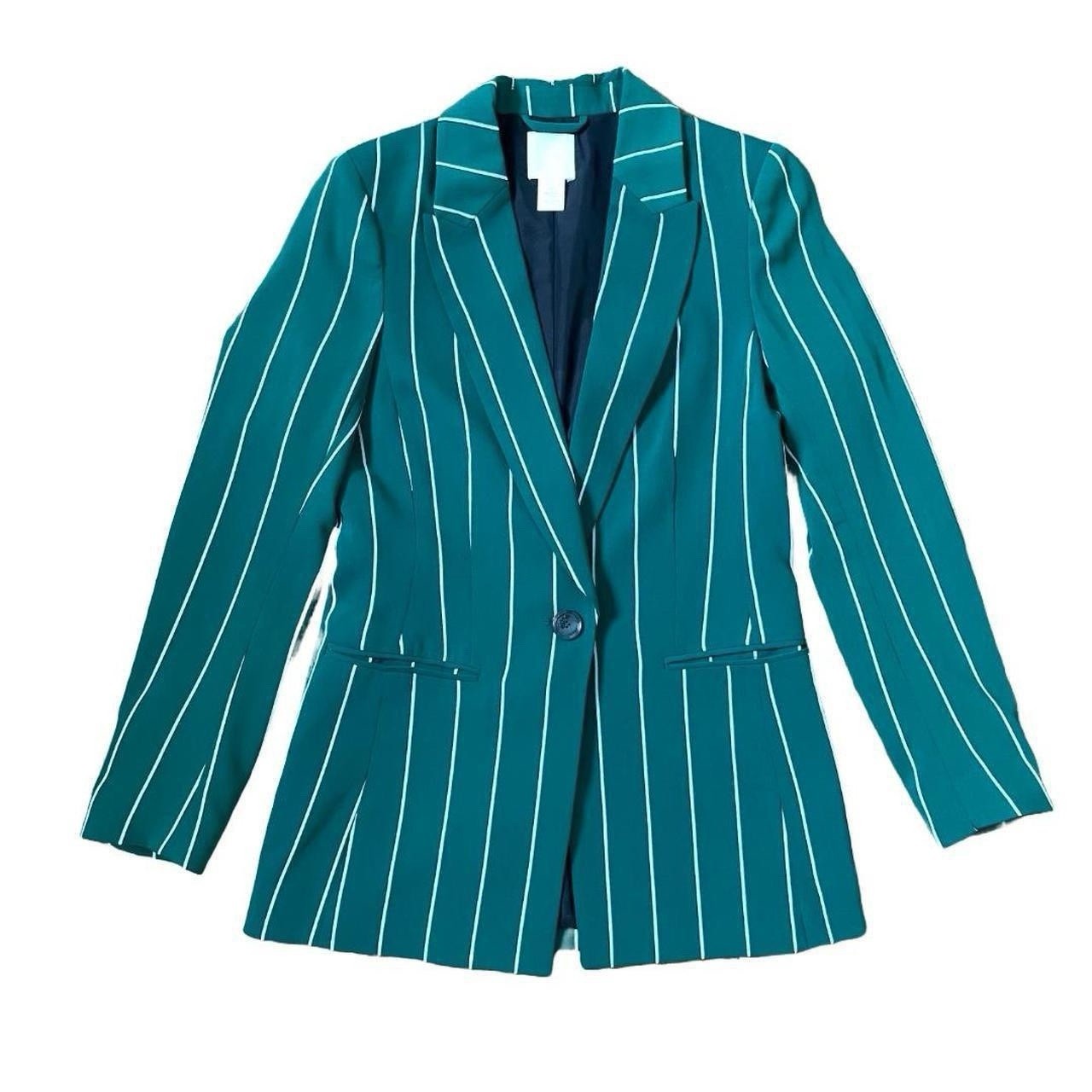 H&M Women’s 2pc Striped Pant Suit Green/White Blazer & Wide-Leg Pants 2