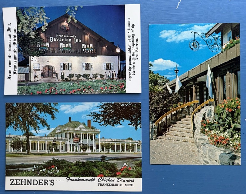 Frankenmuth MI Postcards (3) ~ Restaurants - Zhenders, Bavarian Inn, Street View
