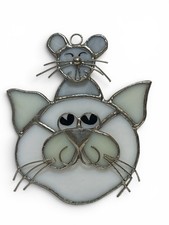 Stained Glass Cat and Mouse Suncatcher White Gray Metal Frame 4.5 Inch