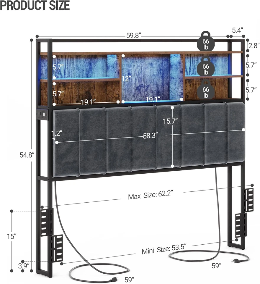 Изголовье с 3-уровневыми полками для хранения, бархатная обивка изголовья с 2 наружными отверстиями - Изображение 2 из 4