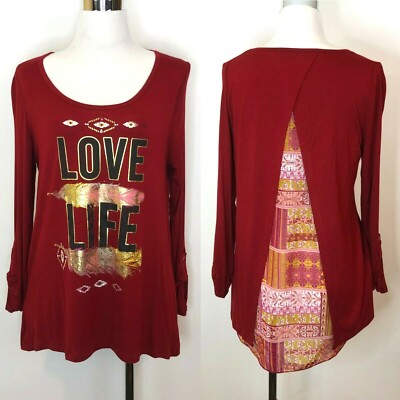 New Self Esteem Junior sz L High Low Top Blouse Love Life Burgundy Red Tunic