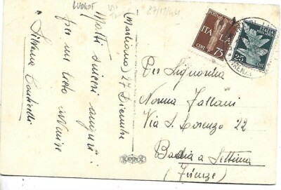 1944 CHRISTMAS LIEUTENANCY 25C P.A+75C P.A ON POSTCARD FROM FLORENCE X BADIA A SEPT