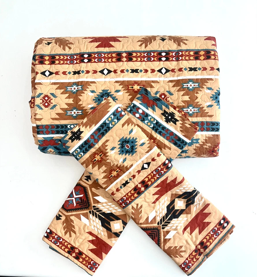Rustic Western Southwestern Native American Tribal Navajo Design Bedspread Quilt - Image 3 of 4