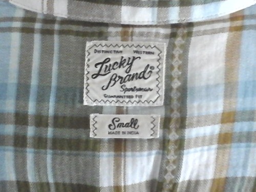 LUCKY BRAND Western Shirt Plaid Green Brown Blue Cotton Button Up Men's S $69.50 - Picture 7 of 7