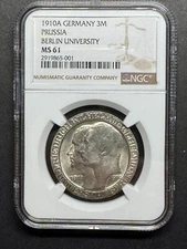 NGC MS 61 1910A GERMANY PRUSSIA BERLIN UNIVERSITY 3Mark 1Oz Silver Coin