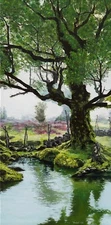 Old tree mist realistic Landscape. Original hand-painted acrylic painting. 10x20